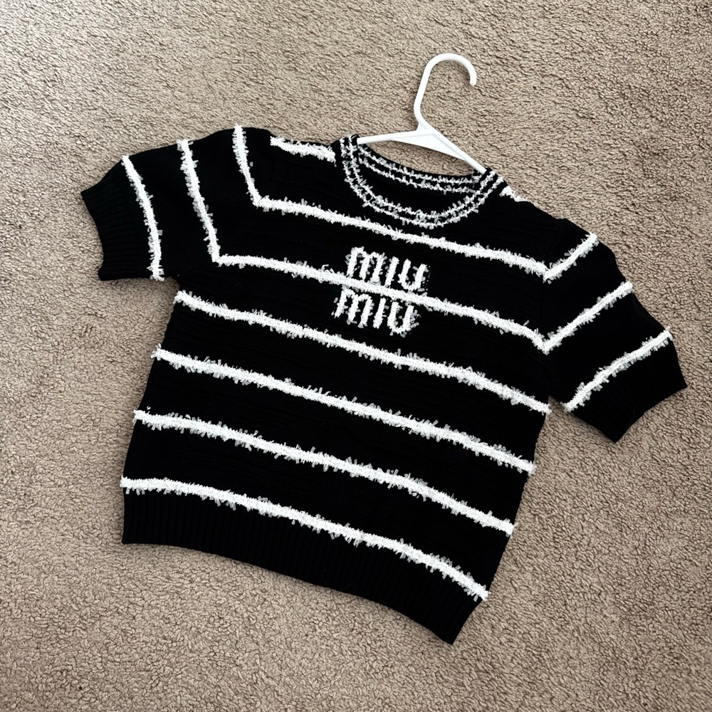 Miu Miu Black and White Textured Knit Top